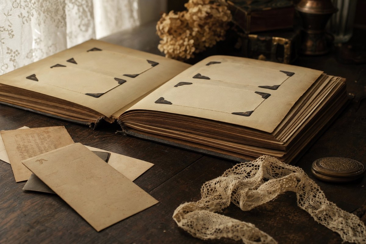 An old photograph album with empty photo corners where pictures are missing