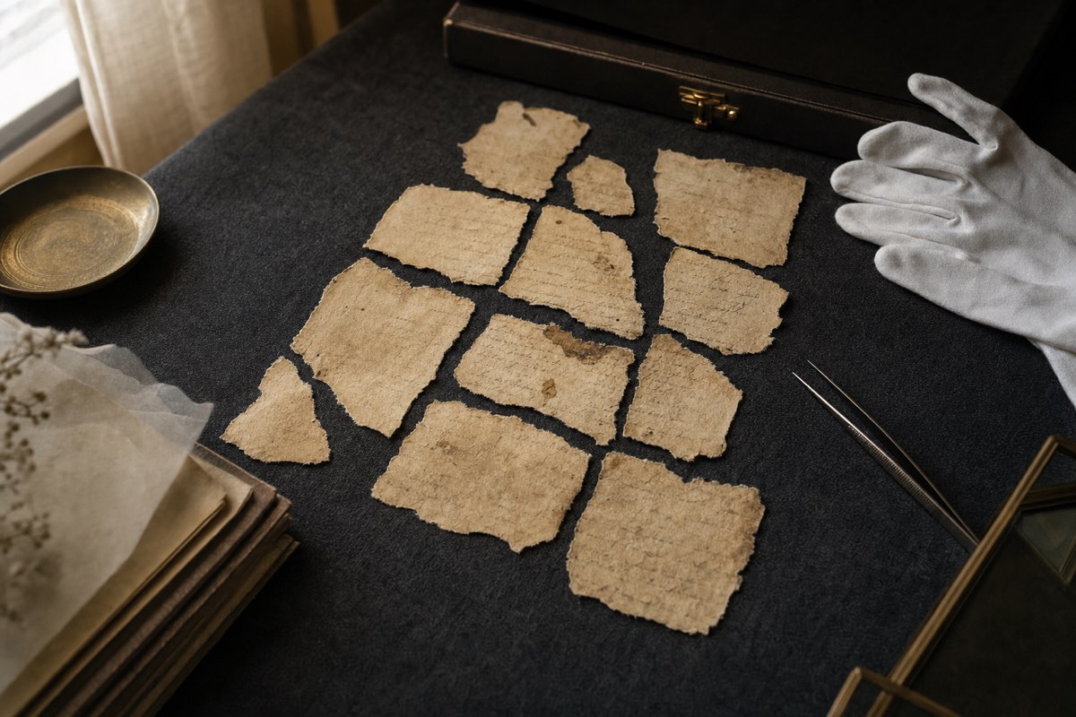 Fragments of an old document being pieced back together