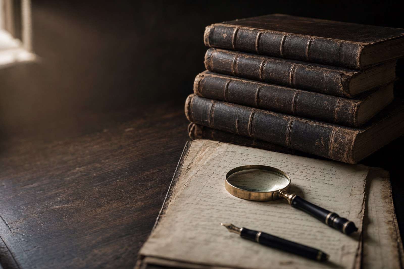 Antique register books, record sheets and a magnifying glass